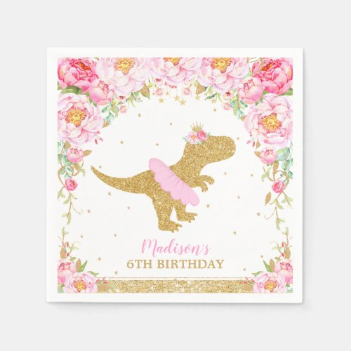 Floral Dinosaur Birthday Party Pink Tutu T_Rex Napkins