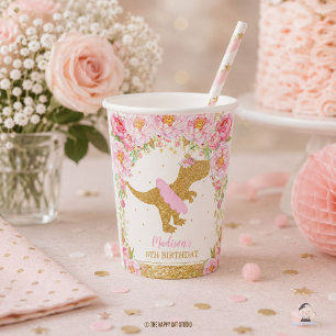 Floral Dinosaur Birthday Party Pink Tutu T-Rex Paper Cups
