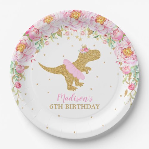 Floral Dinosaur Birthday Party Pink Tutu T_Rex Paper Plates