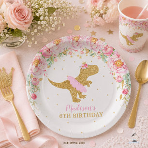 Floral Dinosaur Birthday Party Pink Tutu T-Rex Paper Plates