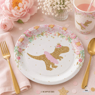 Floral Dinosaur Birthday Party Pink Tutu T-Rex Paper Plates