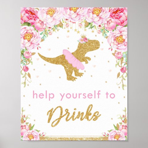 Floral Dinosaur Birthday Party T_Rex Drinks Sign