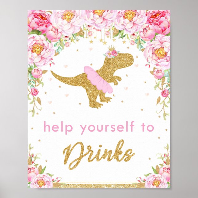 Floral Dinosaur Birthday Party T-Rex Drinks Sign (Front)
