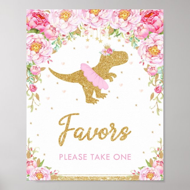 Floral Dinosaur Birthday Party T-Rex Favors Sign (Front)