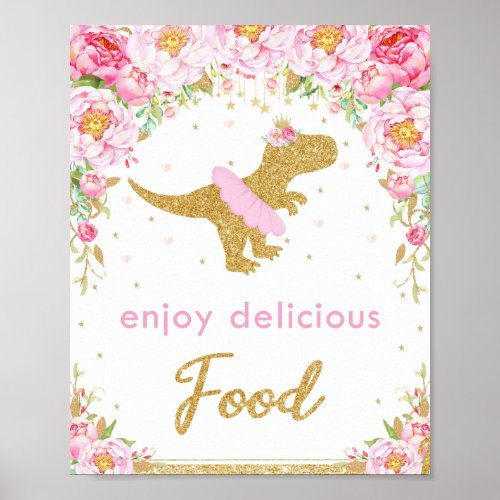 Floral Dinosaur Birthday Party T_Rex Food Sign