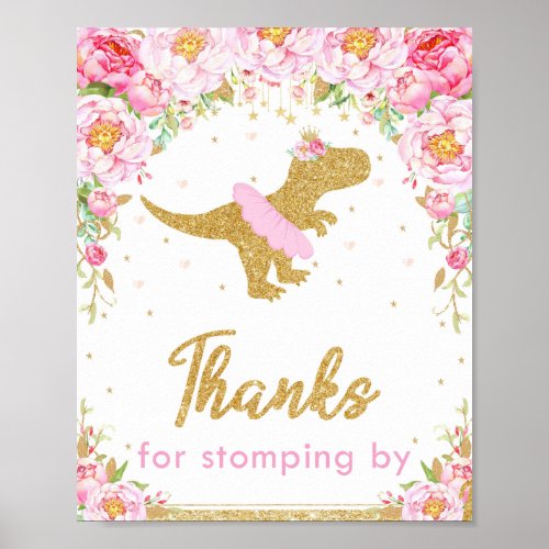 Floral Dinosaur Birthday Party T_Rex Thank You Poster