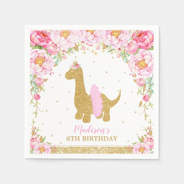 Floral Dinosaur Birthday Pink Tutu Brachiosaurus Napkins (Front)