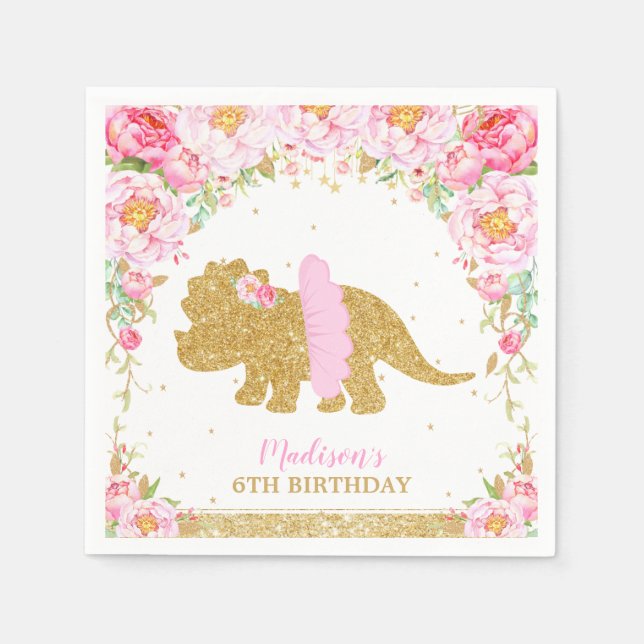 Floral Dinosaur Birthday Pink Tutu Triceratops Napkins (Front)