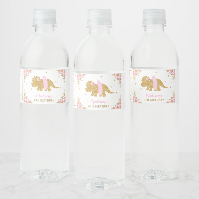 Floral Dinosaur Birthday Pink Tutu Triceratops Water Bottle Label (Bottles)