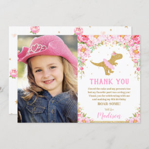Floral Dinosaur Birthday T-Rex Thank You Card