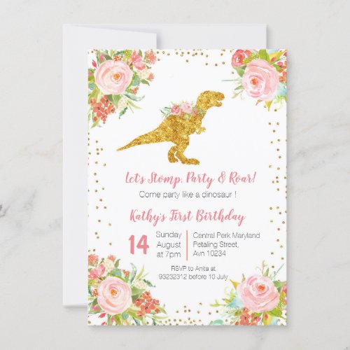 Floral Dinosaur First Birthday Invitation