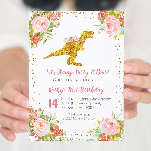 Floral Dinosaur First Birthday Invitation