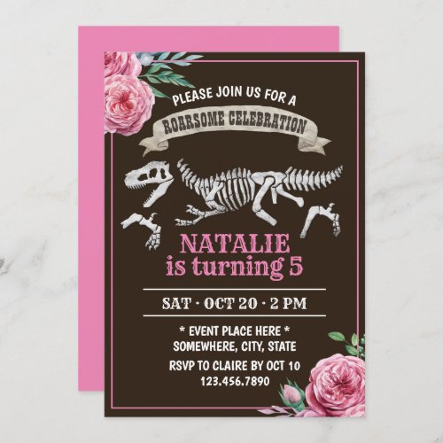 Floral Dinosaur Girl Birthday Party Invitation