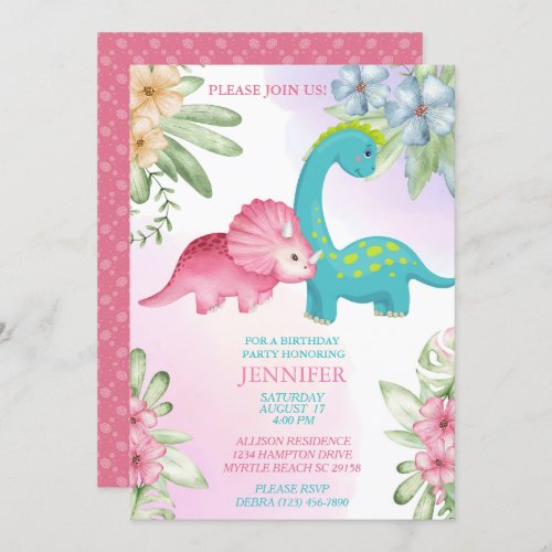 Floral Dinosaur Girls Birthday Party Invitation