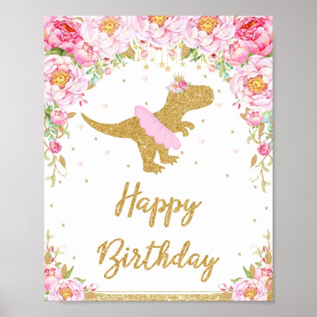 Floral Dinosaur Happy Birthday Party T-Rex Sign (Front)