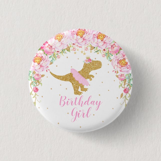 Floral Dinosaur T-Rex Birthday Girl Guest of Honor Button (Front)