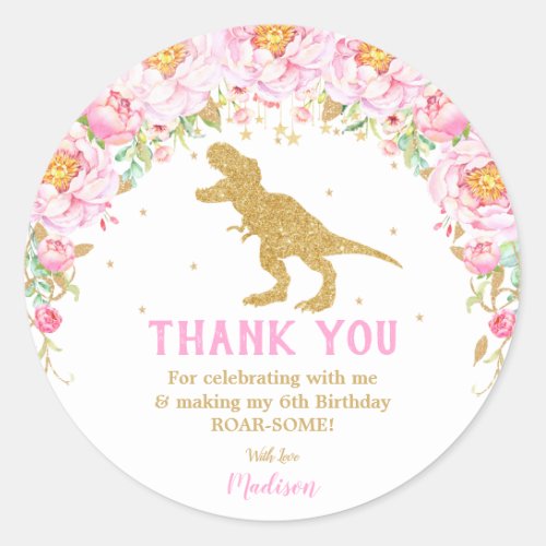 Floral Dinosaur Thank You Favor Girl T_rex Classic Round Sticker