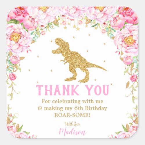 Floral Dinosaur Thank You Favor Girl T_rex Square Sticker