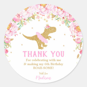 Floral Dinosaur Thank You Favor Girl Tutu T-rex Classic Round Sticker