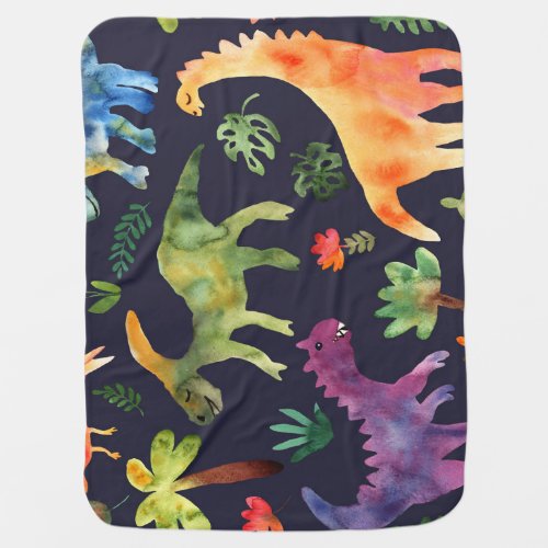 Floral Dinosaurs Watercolor Fabric Design Baby Blanket