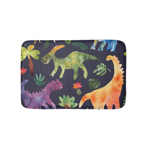 Floral Dinosaurs Watercolor Fabric Design Bath Mat