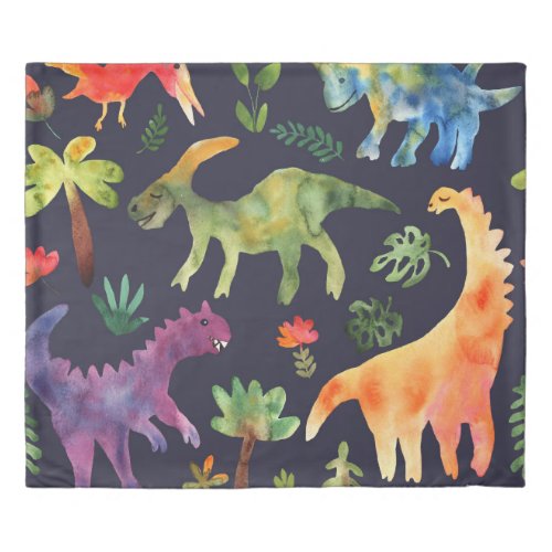 Floral Dinosaurs Watercolor Fabric Design Duvet Cover