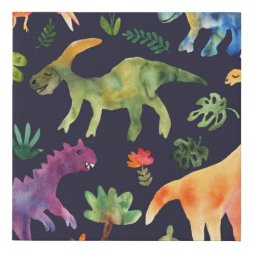 Floral Dinosaurs Watercolor Fabric Design Faux Canvas Print