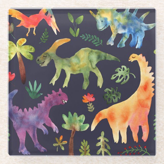 Floral Dinosaurs: Watercolor Fabric Design Glass Coaster (Front)