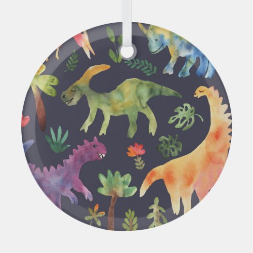 Floral Dinosaurs Watercolor Fabric Design Glass Ornament