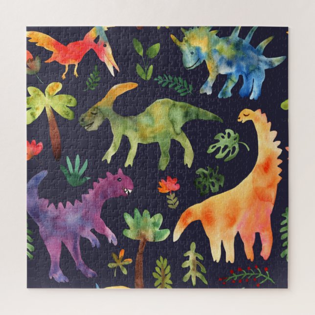 Floral Dinosaurs: Watercolor Fabric Design Jigsaw Puzzle (Vertical)