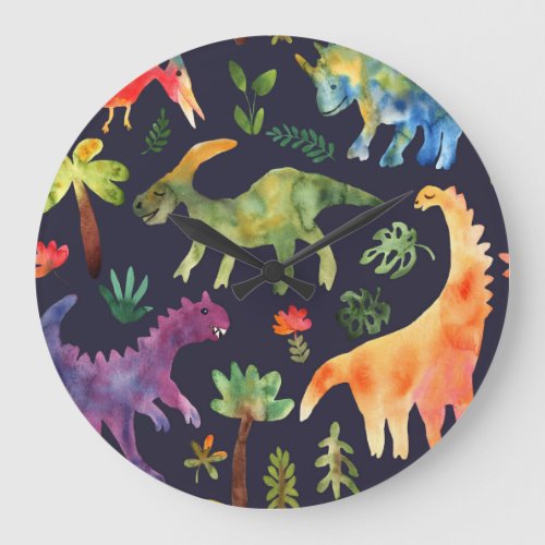 Floral Dinosaurs Watercolor Fabric Design Large Clock