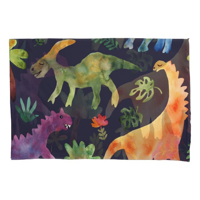 Floral Dinosaurs: Watercolor Fabric Design Pillow Case (Front)