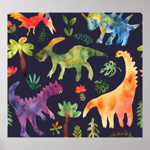 Floral Dinosaurs Watercolor Fabric Design Poster
