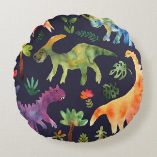 Floral Dinosaurs: Watercolor Fabric Design Round Pillow