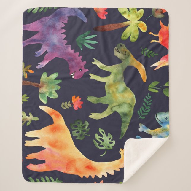 Floral Dinosaurs: Watercolor Fabric Design Sherpa Blanket (Front)