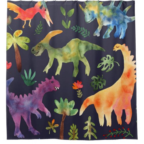 Floral Dinosaurs Watercolor Fabric Design Shower Curtain
