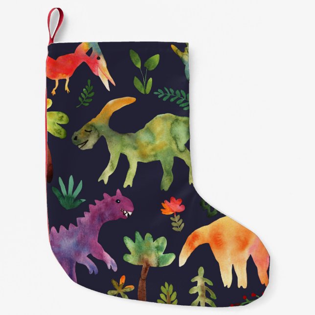 Floral Dinosaurs: Watercolor Fabric Design Small Christmas Stocking (Front)