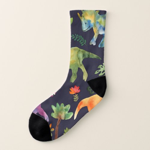 Floral Dinosaurs Watercolor Fabric Design Socks