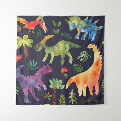 Floral Dinosaurs Watercolor Fabric Design Tapestry