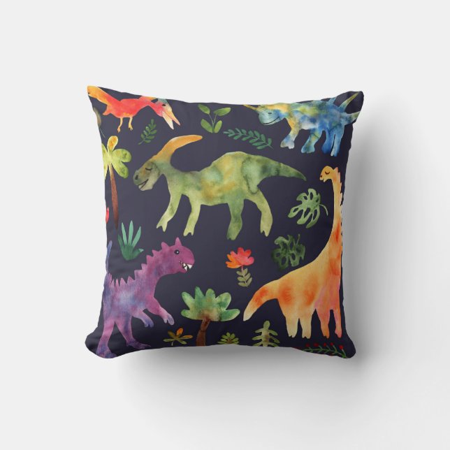 Floral Dinosaurs: Watercolor Fabric Design Throw Pillow (Front)