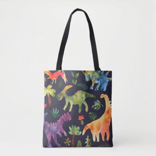 Floral Dinosaurs Watercolor Fabric Design Tote Bag