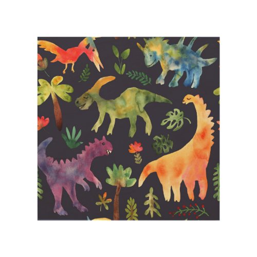 Floral Dinosaurs Watercolor Fabric Design Wood Wall Art