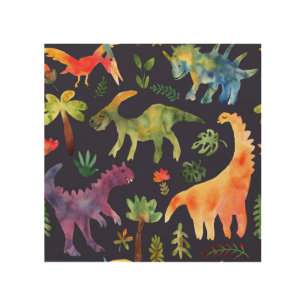 Floral Dinosaurs: Watercolor Fabric Design Wood Wall Art