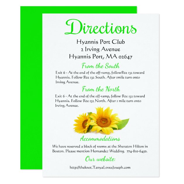 Floral Direction Sunflower Green & Yellow Wedding Card
