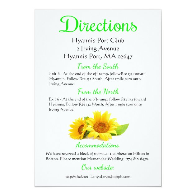Floral Direction Sunflower Green & Yellow Wedding Card