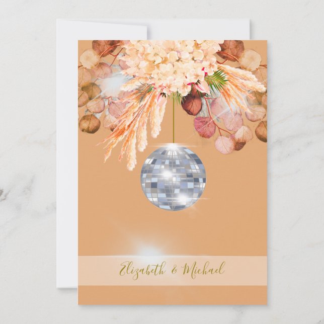 Floral Disco Ball Orange Elegant Wedding Invitation (Back)