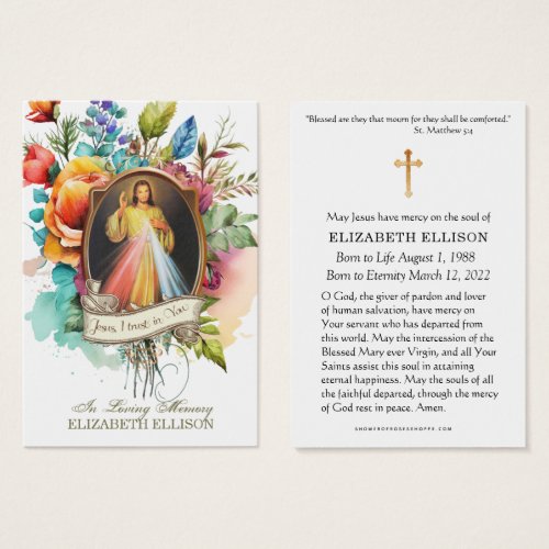 Floral Divine Mercy Jesus Funeral Prayer Card