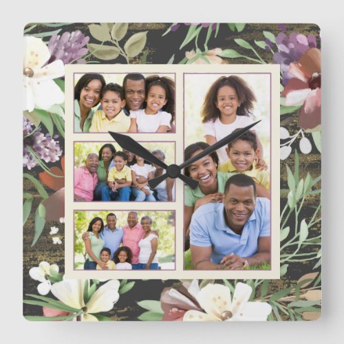 Floral DIY Family Instagram Photo Collage Square Wall Clock