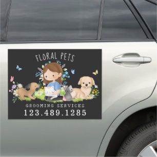 Floral Dog & Cat Pet Care Services Grooming Black Car Magnet