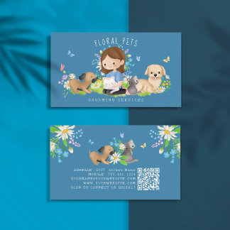 Floral Dog & Cat Pet Care Services Grooming Blue Business Card